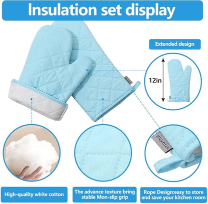 Oven Mitts and Pot Holders 4 pcs Set,High Heat Resistant 500 Degree Extra Thicken Long Kitchen Cotton Oven Glove for Cooking (12 Inch,Light Blue) - Image 3