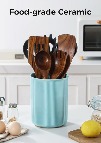 LoeJan Utensil Holder, Extra Large Utensil Crock, Stable Ceramic Utensil Organizer, Cooking Tool Organizer Set for Kitchen Counter Farmhouse Décor, Turquoise - Image 3
