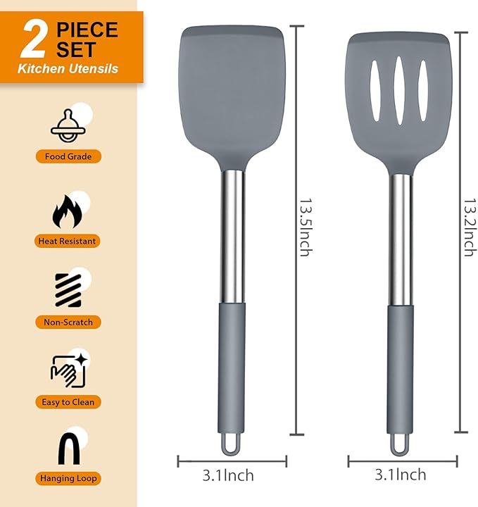 Silicone Spatula Set of 2, E-far Solid & Slotted Turner for Nonstick Cookware, Heat Resistant Rubber Kitchen Cooking Utensils for Flipping Fish Pancake Egg - Grey - Image 2