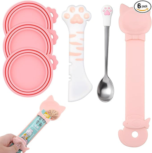 6 PCS Cat Food Can Covers Set, Reusable Silicone Can Lids with Opener, Stainless Steel Wet Food Spoon & Cat Treat Squeezer for Pet Feeding and Storage, Fits Cats & Dogs (Pink)