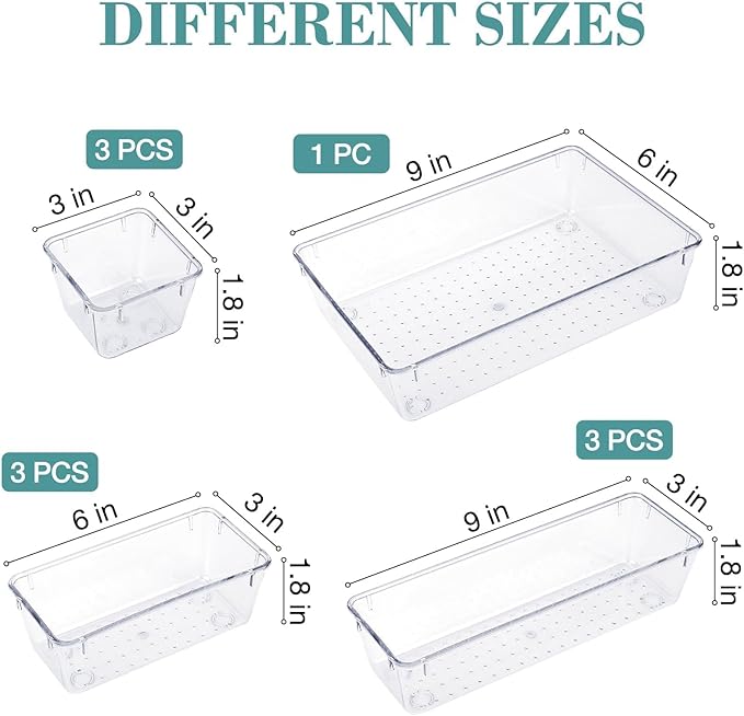 StorMiracle 10 PCS Drawer Organizer Set,4 Varied Size Bathroom and kitchen Drawer cabinet organizer Trays, Clear Storage Bins for Makeup, Jewelry, Utensils and Gadgets - Image 2