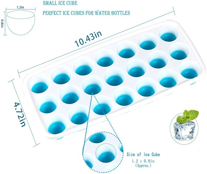 Ice Cube Trays Easy Release-Odor free,Spill Resistant Lid Included,2 Pack, Small Size, Stackable 42 Cubes,Silicone(Blue)