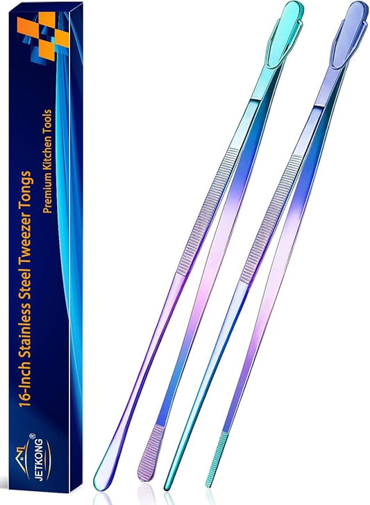 JETKONG 2 Pcs 16-Inch Stainless Steel Fine Tongs Extra Long Chopstick Tongs Long Kitchen Forceps for Cooking (Rainbow) by JETKONG