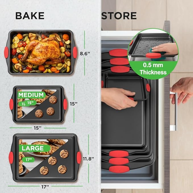 NutriChef 3-Piece Cookie Sheets for Baking, Non-Stick Baking Pans Set with Silicone Handles, Stackable Oven Trays in Small, Medium & Large Sizes for Professional and Everyday Use, 2026 Edition - Image 2