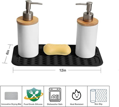 ZLR 2 Pcs Silicone Sponge Holder & Sink Caddy Tray (6" x 12") - Narrow Dish Drying Mat for Kitchen Counter - Waterproof Soap Dispenser Organizer, Non-Slip Bathroom Vanity Tray (Black) - Image 2