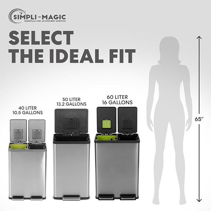 Simpli-Magic 16 Gallon (60L) Elegant Black Step Trash Can – Dual Compartment Kitchen Garbage Can with Waste & Recycling Bins – Slow-Close Lid, Odor Control, Hands-Free, Premium Stainless Steel - Image 8