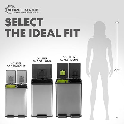 Simpli-Magic 16 Gallon (60L) Elegant Black Step Trash Can – Dual Compartment Kitchen Garbage Can with Waste & Recycling Bins – Slow-Close Lid, Odor Control, Hands-Free, Premium Stainless Steel - Image 8
