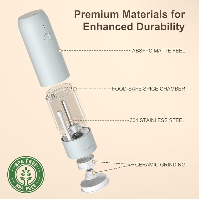 Ultrean Pepper Grinder, Rechargeable Salt and Pepper Grinder with 6 Adjustable Coarseness, LED Light, One-Hand Automatic Operation, Gifts for Women, Blue - Image 5