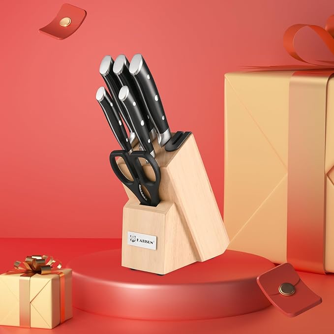 8 Piece German Stainless Steel Knife Set With Block, Ergonomic Handle Chef Knives, Sharpener and Shears for Chopping, Slicing and Cutting - Image 7