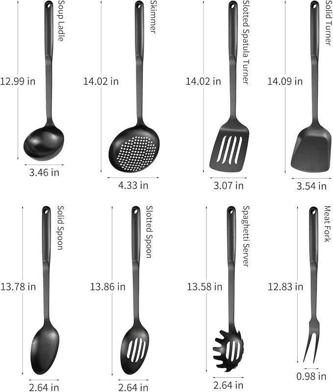 304 Stainless Steel Cooking Utensils Set, 8PCS Kitchen Utensils Set, Include Skimmer, Soup Ladle, Spaghetti Server, Wok Spatula, Slotted Spoon, Solid Spoon, Slotted Spatula Turner & Meat Fork, Black - Image 3
