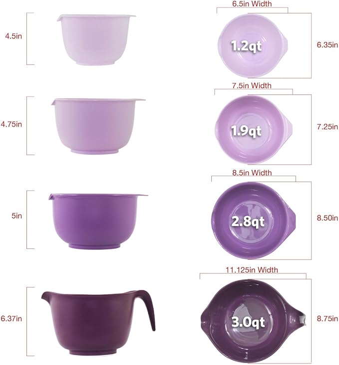 Glad Mixing Bowls with Pour Spout, Set of 4 - Nesting Plastic Bowls (1.2qt, 1.9qt, 2.8qt, and 3qt with Handle) - Non Slip Base, Dishwasher Safe Kitchen Cooking and Baking Supplies, Purple - Image 5
