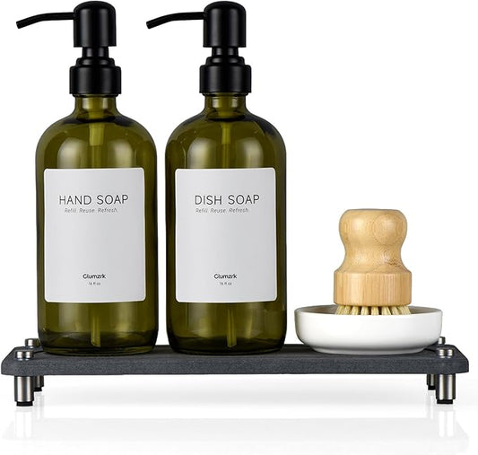 2 Pack Kitchen Soap Dispenser Set - 16oz Green Glass Dish and Hand Soap Dispenser with Stainless Steel Pump, Instant Dry Tray, Dish Brush & Holder, Refillable Countertop Sink Decor for Kitchen & Bath by BoundlessHomeInfiniteLiving