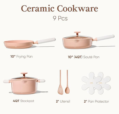 CAROTE Pots and Pans Set Nonstick, Ceramic Cookware Set, Pink Cooking Set Kitchen Induction Set with Steamer, PFAS PTFE Free,9 Piece - Image 2