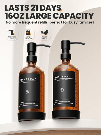 [Luxury] Kitchen Soap Dispenser Set - 16OZ Amber Glass Bottle, Stainless Steel Pump, Instant Dry Tray, Waterproof Labels, Non-Slip Silicone Pad, and Dish Brush | Upgrade for Your Kitchen and Bathroom - Image 3