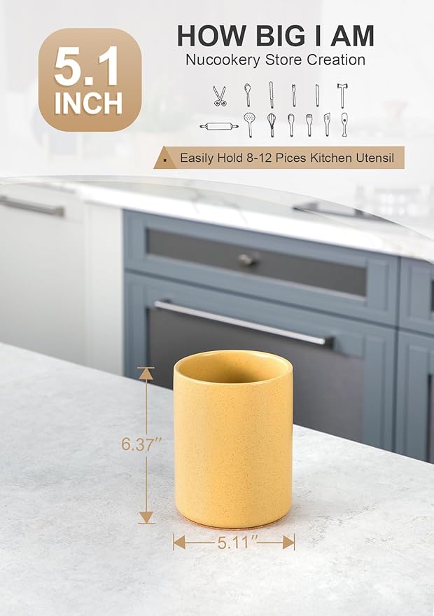 Nucookery Utensil Holder, 6.4" Ceramic Kitchen Utensil Holder for Countertop with Protection Cork Bottom, Vintage Farmhouse Kitchen Decor for Counter (Yellow Sand) - Image 2