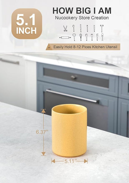 Nucookery Utensil Holder, 6.4" Ceramic Kitchen Utensil Holder for Countertop with Protection Cork Bottom, Vintage Farmhouse Kitchen Decor for Counter (Yellow Sand) - Image 2
