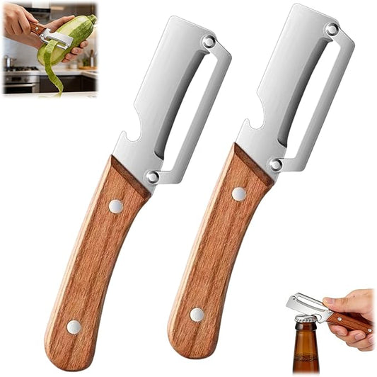 2PCS Multi Functional Premium Vegetable Peeler with Wooden Handle and Bottle Opener,Stainless Steel Blade Kitchen Tool for Fruit Apple Potato Pumpkin Papaya Carrot by Unknown