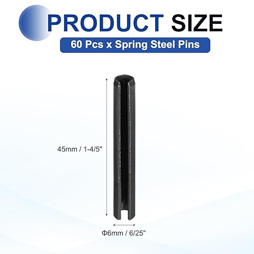 MECCANIXITY 60Pcs Slotted Split Roll Pins 6/25 Inch(6mm) Dia. 1-4/5 Inch(45mm) Length 65Mn Steel Spring Tension Expansion Dowels for Secure Fastening, Black