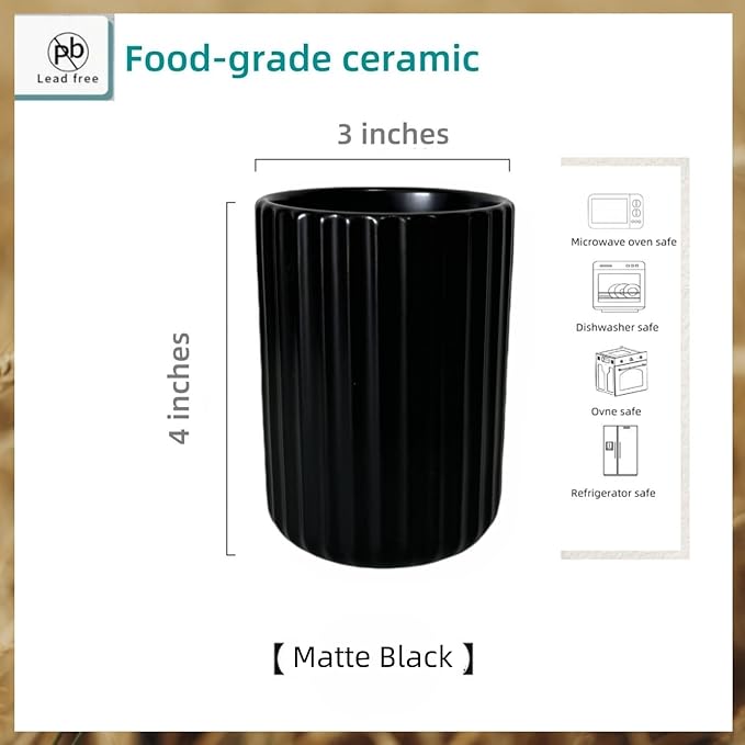 TOPYOKK Stoneware Coffee Bar Utensil Holder Tea & Coffee Spoon & Stirrer Holder for Stir Stick Straw Teaspoon Holder Spoon Cup Small Utensil Jar Fluted Vertical Stripe (Matte Black) - Image 5