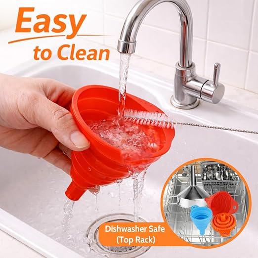 No Spill Kitchen Funnel Set, Food Grade 3 Collapsible Silicone Funnels & 1 Stainless Steel Funnel, Used for Hot Oil, Juice, Powder, Vials & More - Solves All Your Pouring Problems in the Kitchen