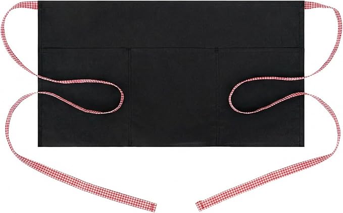 BOHARERS 3-Pocket Waist Apron With Red And White Plaid Shoulder Straps - Black Waitress Waiter Server Short Aprons by BOHARERS