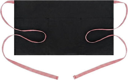 BOHARERS 3-Pocket Waist Apron With Red And White Plaid Shoulder Straps - Black Waitress Waiter Server Short Aprons by BOHARERS