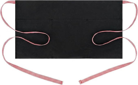 BOHARERS 3-Pocket Waist Apron With Red And White Plaid Shoulder Straps - Black Waitress Waiter Server Short Aprons by BOHARERS