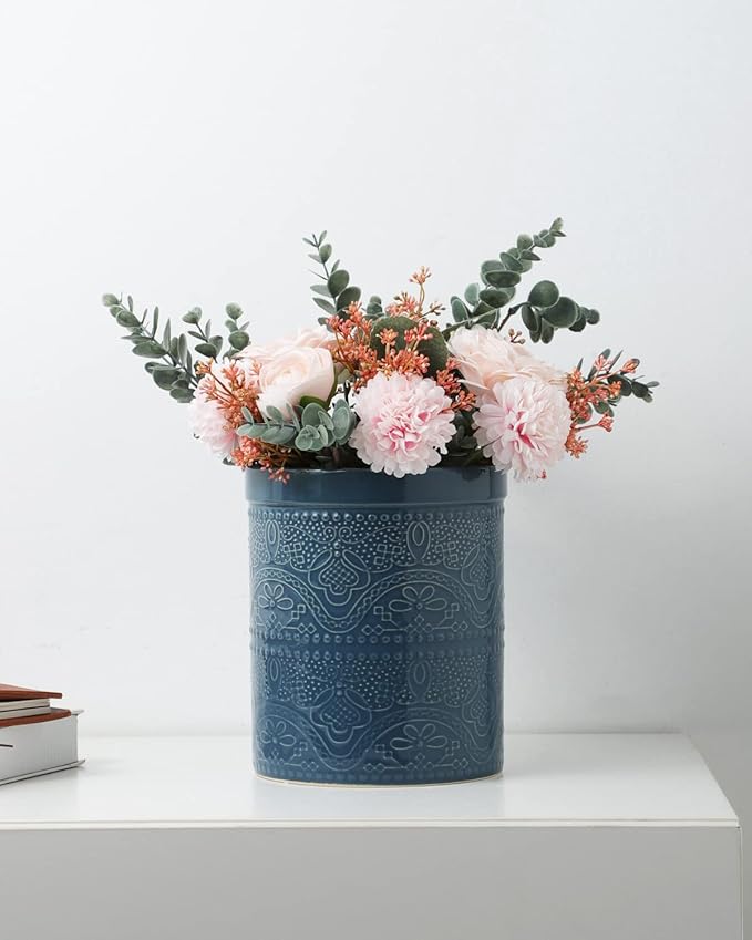 Fun Elements Kitchen Utensil Holder, 7.2" Super Large Utensil Crock Heavy and Stable Lace Emboss Ceramic Utensil Holder for Kitchen Counter (Grayish Blue) - Image 7