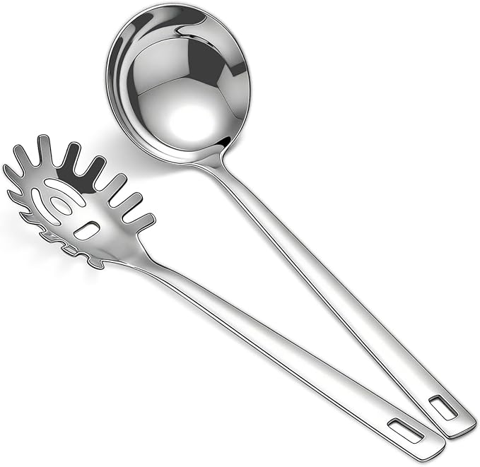 Berglander Kitchen Ladle Spoon and Spaghetti Spoon Set 2 pieces, Pasta Spoon Stainless Steel Kitchen Utensils for Cooking, Stirring, Serving Spaghetti, Soup, Sauce, Dishwasher Safe by Berglander