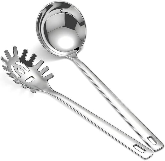 Berglander Kitchen Ladle Spoon and Spaghetti Spoon Set 2 pieces, Pasta Spoon Stainless Steel Kitchen Utensils for Cooking, Stirring, Serving Spaghetti, Soup, Sauce, Dishwasher Safe by Berglander