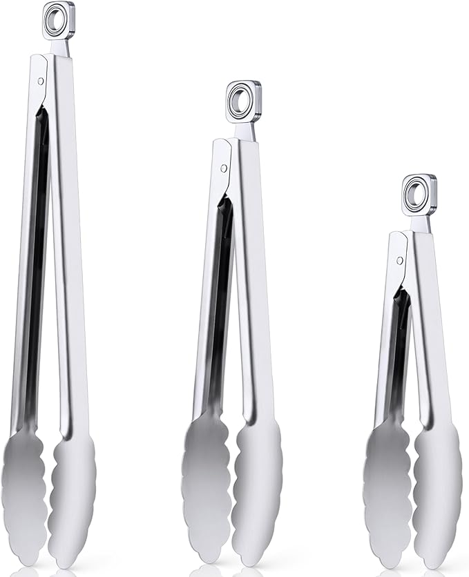 Kitchen Tongs for Cooking - 7 Inch & 9 Inch & 12 Inch Heat Resistant Stainless Steel Metal Locking Tong Grill Tongs BBQ Tong for Cooking, Grilling, BBQ/Barbecue, Food (All Metal - 7"+9"+12")