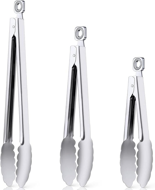 Kitchen Tongs for Cooking - 7 Inch & 9 Inch & 12 Inch Heat Resistant Stainless Steel Metal Locking Tong Grill Tongs BBQ Tong for Cooking, Grilling, BBQ/Barbecue, Food (All Metal - 7"+9"+12")