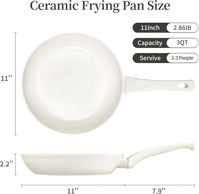 Innerwell Ceramic Non Stick Frying Pan - Non Stick Skillet Frying Pans, Safe&No Toxic Egg Omelette Frying Pan, Large Nonstick Cookware Chef's Pan, Induction Compatible, PFOA&PFAS Free(11inch, White) - Image 2