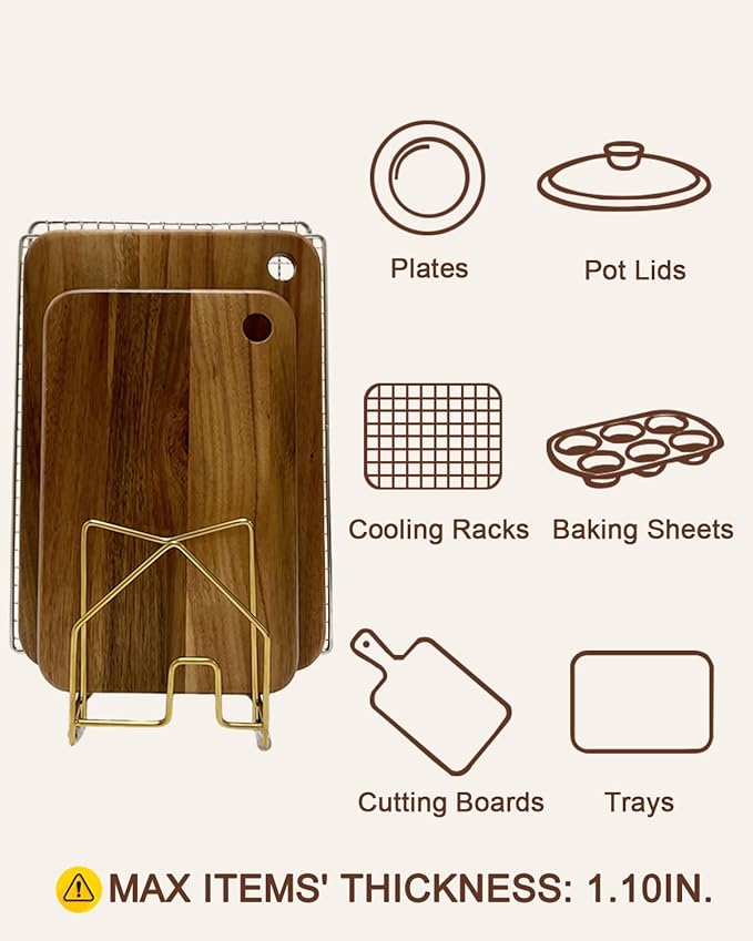 2 Pack Pot Lid Organizer Cutting Board Holder Inside Cabinet 304 Stainless Steel Pot and Pan Organizer Under Cabinet Cookie Sheet Bakeware Serving Tray Cooling Rack Stand Kitchen Countertop Matte Gold - Image 5
