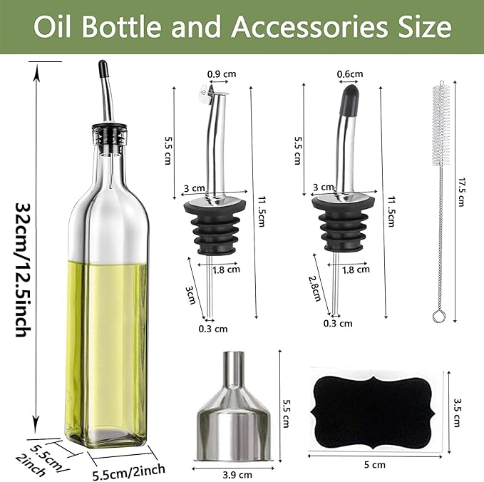 Leaflai Olive Oil Dispenser Bottle, 1 Pcs Glass Olive Oil Dispenser and Vinegar Dispenser Set with 2 Stainless Steel Pourers, 2 Labels,1 Brush and 1 Funnel Oil Bottles for Kitchen (500ml) - Image 3