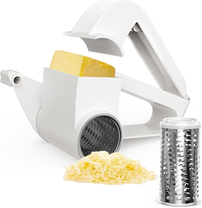 Cheese Grater with Handle, Rotary Cheese Grater,Vegetable, Chocolate, Hard Cheese & Nut Grater,White by NEZUIBAN