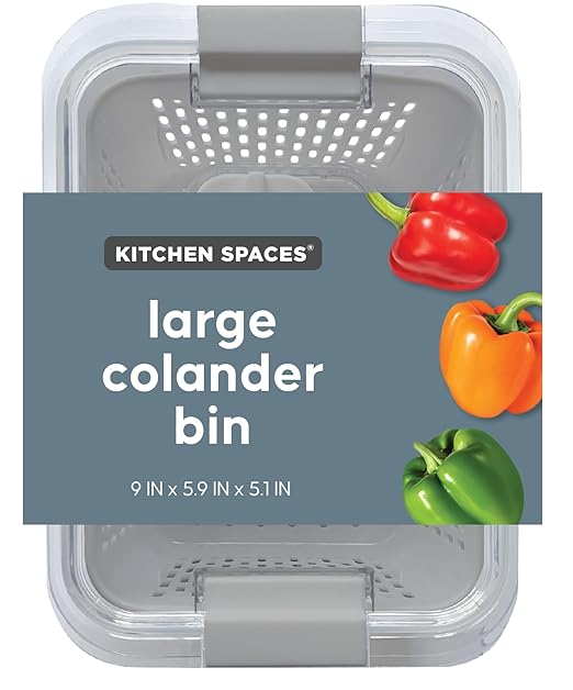 Kitchen Spaces Colander Bin, Produce Saver, Fridge Organizer With Lid, Wash, Strain and Store, Great for Refrigerator, Freezer and Pantry, Large, Gray