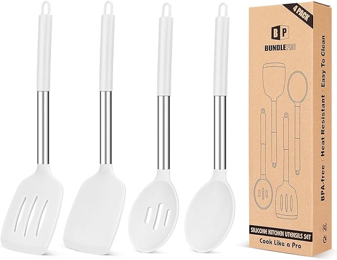 Pack of 4 Silicone Cooking Utensils Set, Non Stick Large Solid Spatulas, Heat Resistant Slotted Spoons, Ideal BPA Free Kitchen Turners for Frying, Mixing,Serving,Draining,Turning,Stirring (WHITE) by BUNDLEPRO