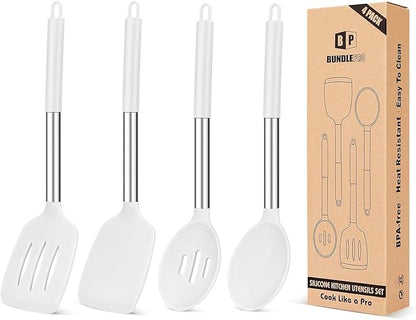 Pack of 4 Silicone Cooking Utensils Set, Non Stick Large Solid Spatulas, Heat Resistant Slotted Spoons, Ideal BPA Free Kitchen Turners for Frying, Mixing,Serving,Draining,Turning,Stirring (WHITE) by BUNDLEPRO