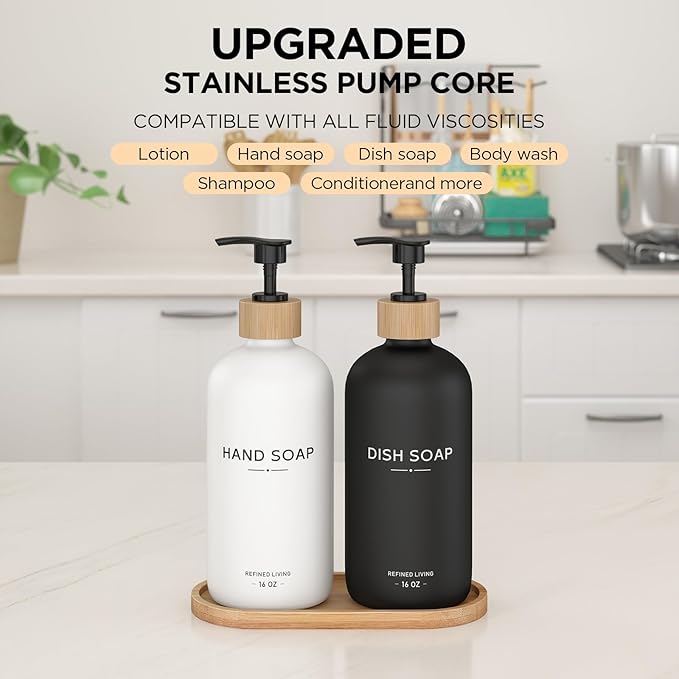 Hand and Dish Soap Dispenser Set,16oz Glass Bottles with Printed Labels, Bamboo Tray & Pump,Countertop Soap Dispensers for Kitchen,Luxury, Minimalist & Farmhouse Decor (Hand Dish (Black/White)) - Image 3