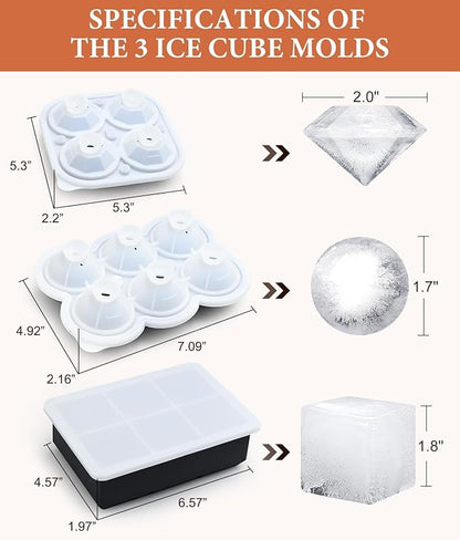 Dclobtop Ice Cube Trays, Silicone Ice Cube Molds for Freezer with Lid (Set of 3), 6 Ball Ice Cube Tray, 4 Diamond & 21-Ice Trays, Reusable Whiskey Ice Mold, DIY, BPA Free, Freezer