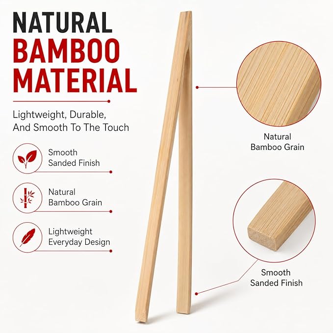 HIC Toast Tongs, Natural Bamboo, 12-Inches, Set of 2