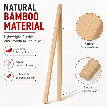 HIC Toast Tongs, Natural Bamboo, 12-Inches, Set of 2