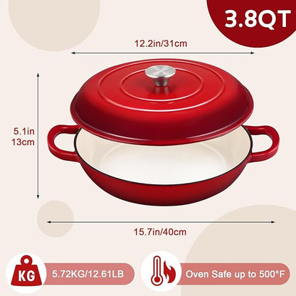 Overmont Enameled Cast Iron Dutch Oven - 3.8 Quart Dutch Oven Pot with Lid - Shallow Cookware Braising Pan - Cast Iron Casserole with Cookbook & Heat-Resistant Caps - Oven Safe up to 500° F Red