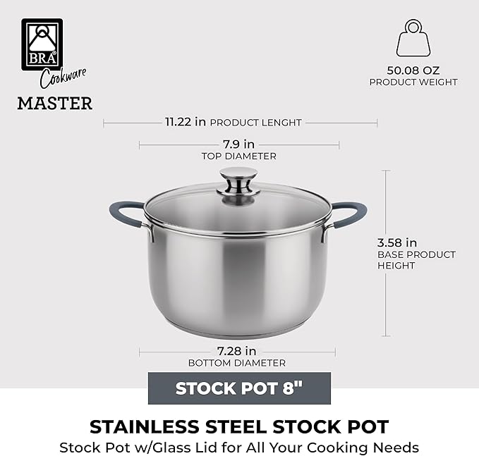 BRA COOKWARE Master Stainless Steel Stock Pot w/Glass Lid | 8 Inch 2.4 Quart Premium 18/10 Cooking Pot | PFAS Free Deep Pot | Silicone Coated Handles | All Cooktops (incl. Induction) | Shiny Finish