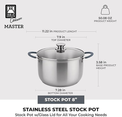 BRA COOKWARE Master Stainless Steel Stock Pot w/Glass Lid | 8 Inch 2.4 Quart Premium 18/10 Cooking Pot | PFAS Free Deep Pot | Silicone Coated Handles | All Cooktops (incl. Induction) | Shiny Finish