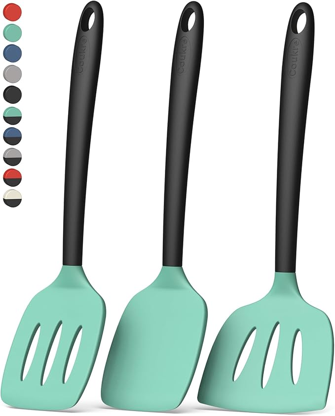 Coukre 3 Pack Silicone Spatula Set, High Heat Resistant, BPA-Free, Fish Spatula, Solid & Slotted Turner for Non-Stick Pans, Flipping Eggs, Pancakes, Fish, Burgers (3, AquaGreenBlack) by Coukre
