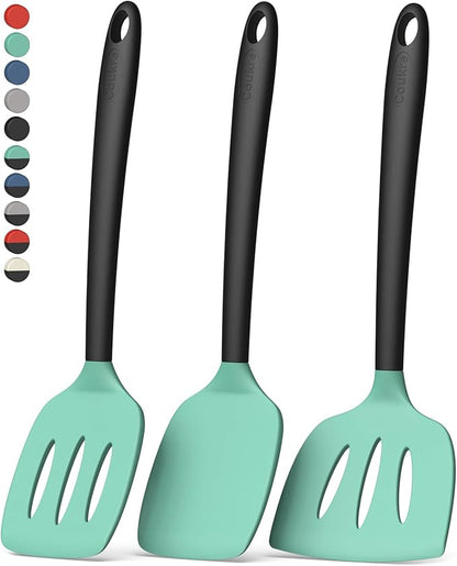 Coukre 3 Pack Silicone Spatula Set, High Heat Resistant, BPA-Free, Fish Spatula, Solid & Slotted Turner for Non-Stick Pans, Flipping Eggs, Pancakes, Fish, Burgers (3, AquaGreenBlack) by Coukre