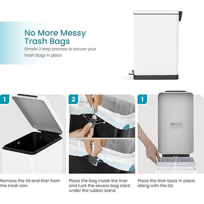 Home Zone Living 12 Gallon Slim Kitchen Trash Can with Soft Close Lid, Step Pedal, Bag Tuck Band, and Removable Liner, Stainless Steel, Matte White - Image 5
