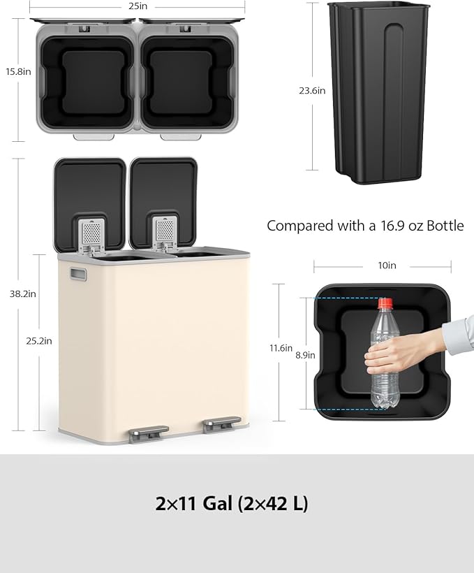 Lovewind Dual Trash and Recycling Bins for Kitchen, 2 * 11-Gallon Stainless Steel Double Trash Can, Step-On Garbage and Recycle Combo, Quiet Close, Pet-Proof, Compatible with 13-Gallon Bags, Apricot - Image 6